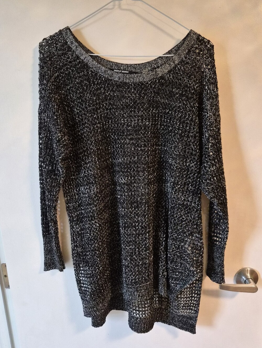 Y2K Point Zero Metallic Black And Silver Open-Weave Boatneck Sweater - Picture 2 of 7